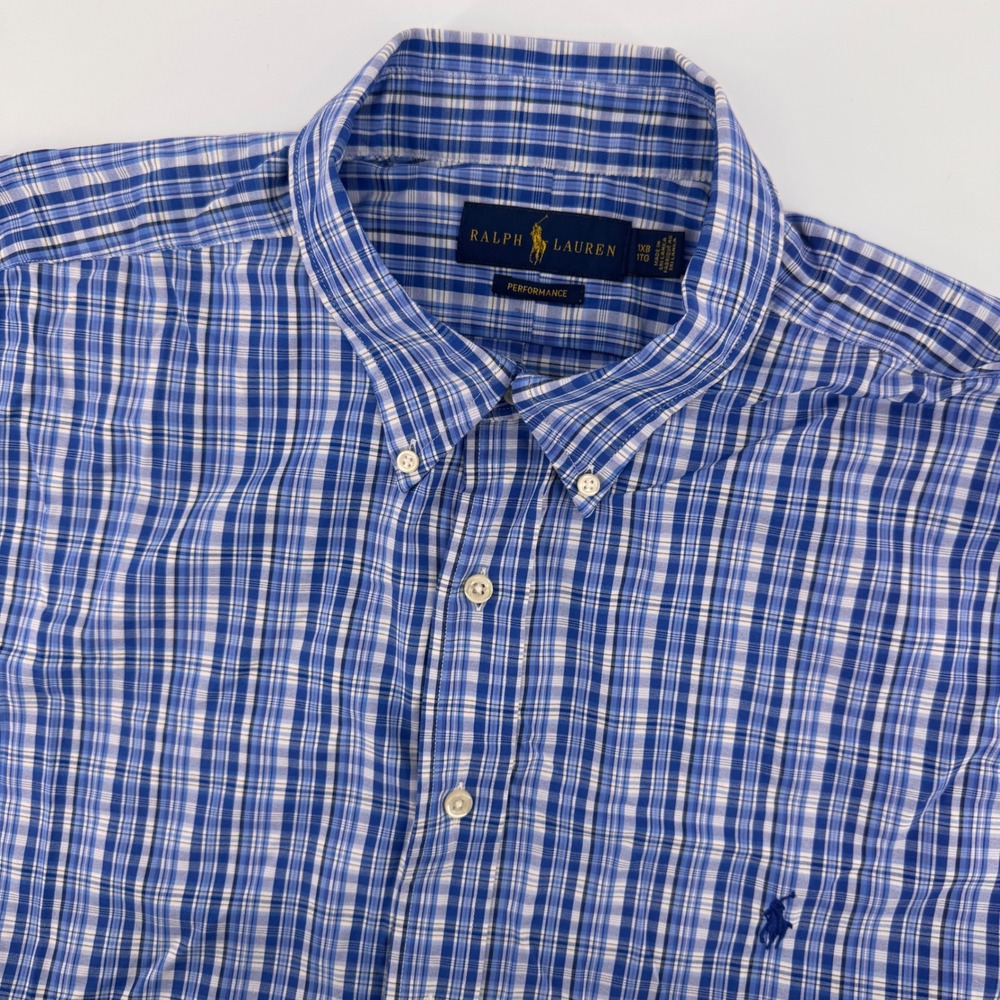 Ralph Lauren Button Down Men 1XB Blue Plaid Performance Stretch Short Sleeve‎